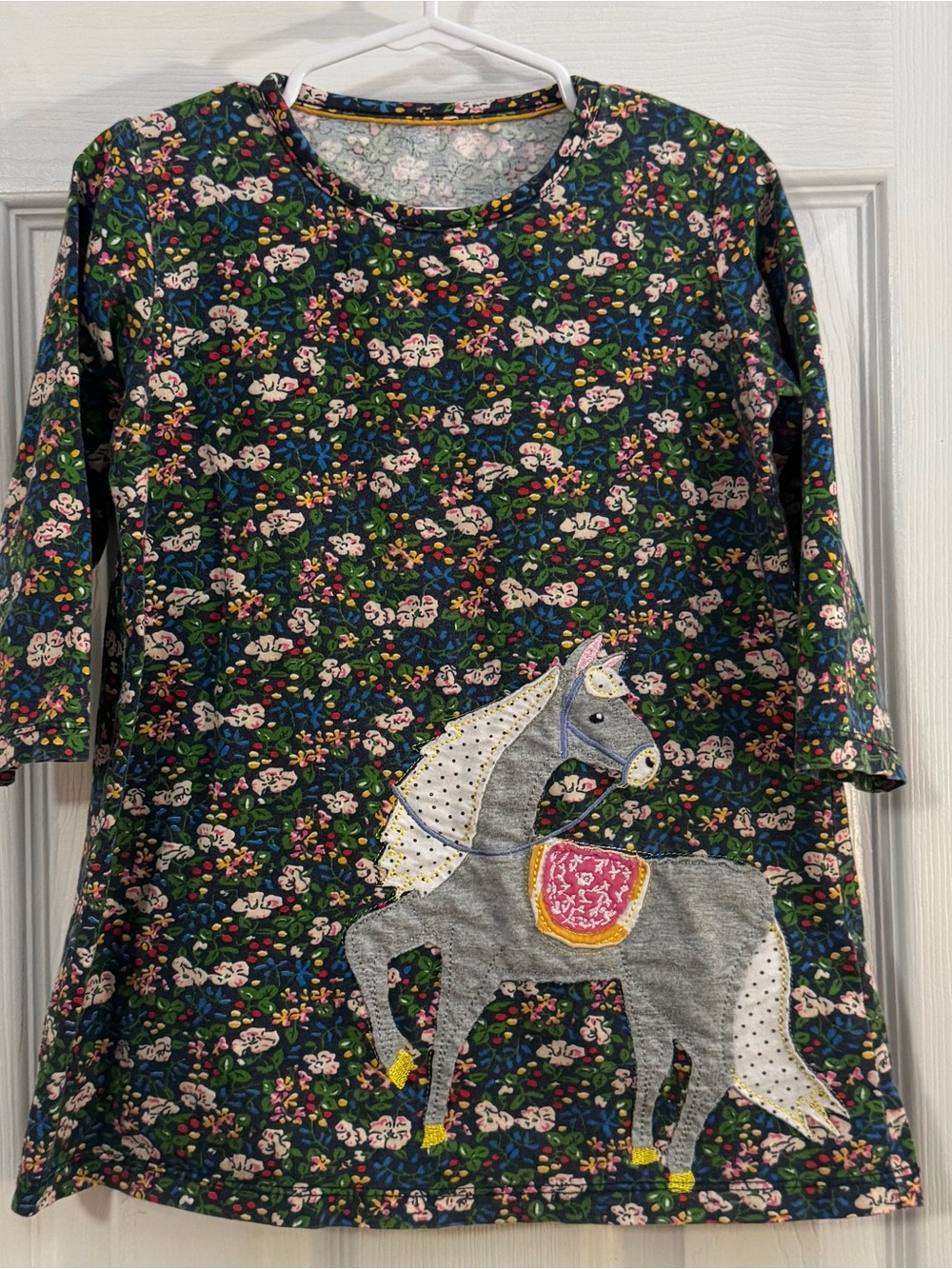 Baby Girl Toddler Floral 100% Cotton Dress with Gray Horse Appliqué Long Sleeve